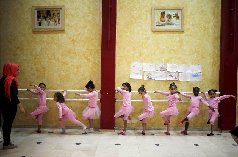 Palestinian girls take part in a ballet dancing course, run by the Al-Qattan Center for Children, in Gaza City