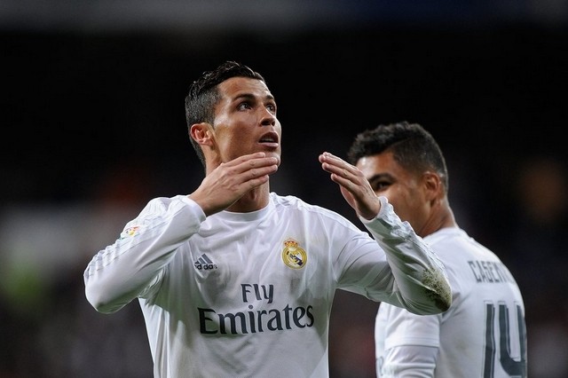 Cristiano Ronaldo celebrates scoring for Emirates-sponsored Real Madrid.